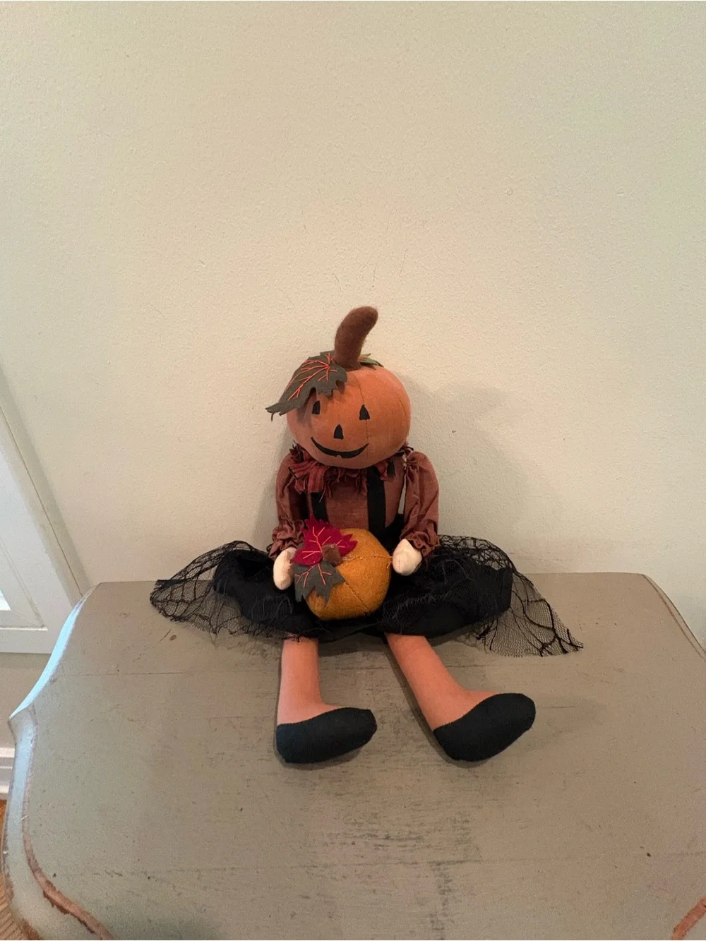 VTG Primitive Halloween Pumpkin Folk Art Girl Doll